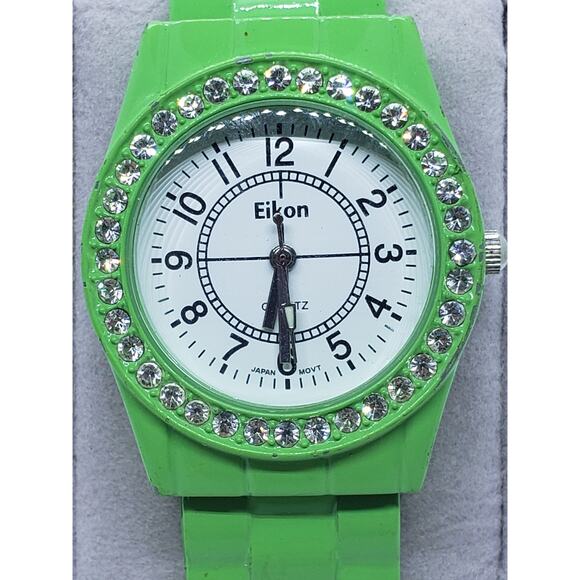 Eikon women\'s watch. Bright green watch with jeweled bevel. Bangle style band main image 3